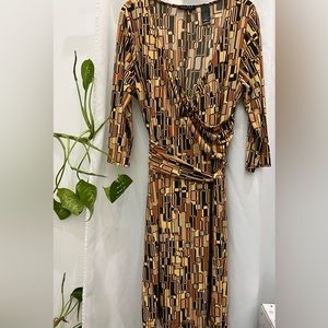 Axcess Dress Womens XL Brown Geometric 3/4 Sleeve Stretch V Neck